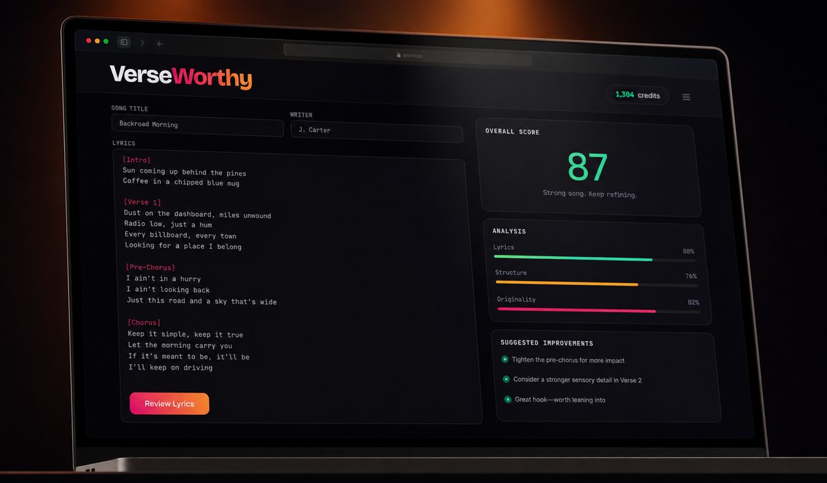 VerseWorthy reviewing a country lyric: the song title and lyrics on the left, and on the right an overall score of 87, bars for lyrics, structure and originality, and a list of suggested improvements.
